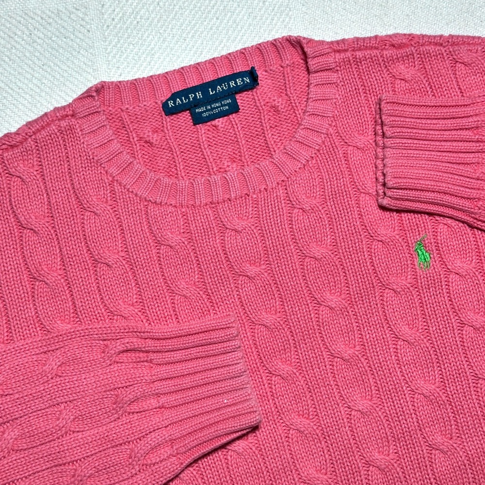 Ralph Lauren Cable Knit Sweater Womens Large Pink Cotton Green Pony Barbiecore